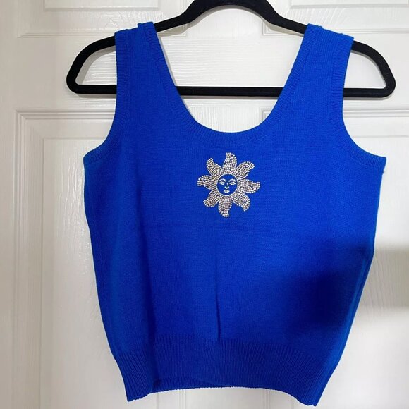 St. John Santana Knit Royal Blue Gold Studded Sleeveless Shell Tank Top Sz S - Picture 3 of 4